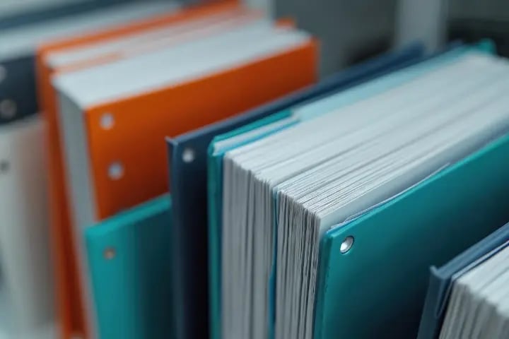 Several brighly colored instruction manuals lined up in a row.