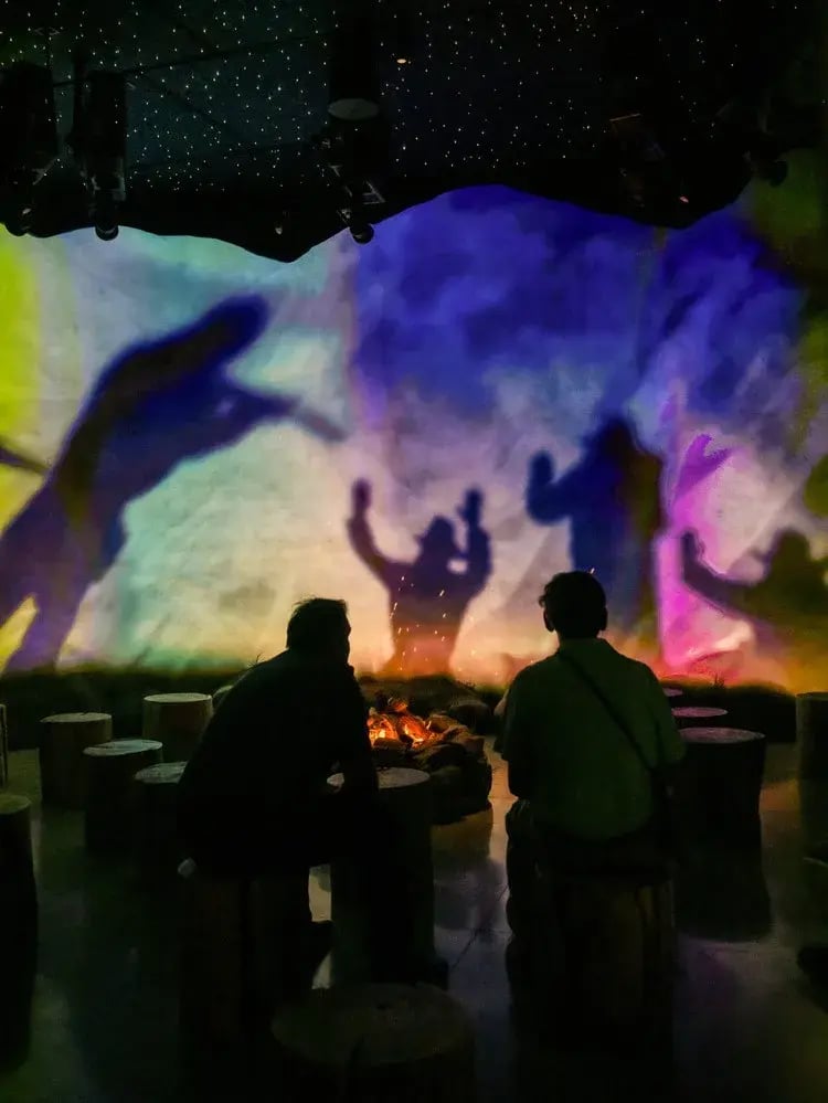 The shadow of two men watching projection show.