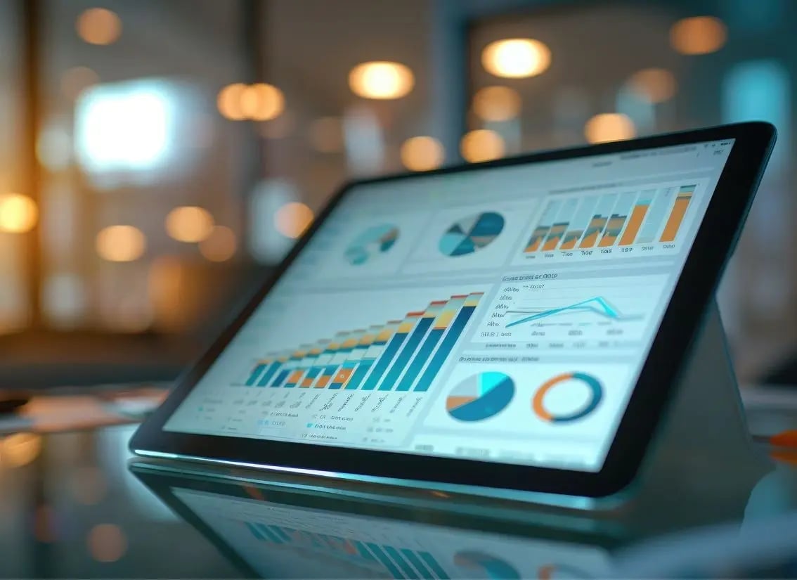 A tablet displaying a dashboard filled with graphs and charts.