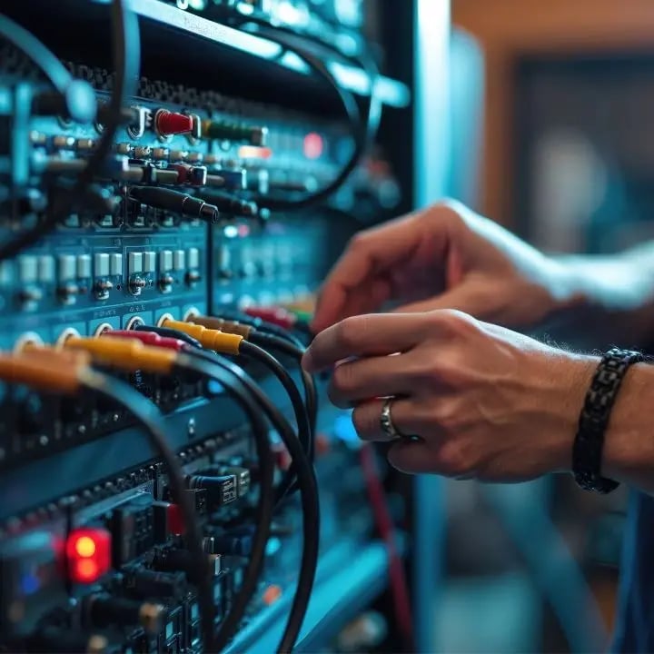 A technician testing the wiring for an audio system.