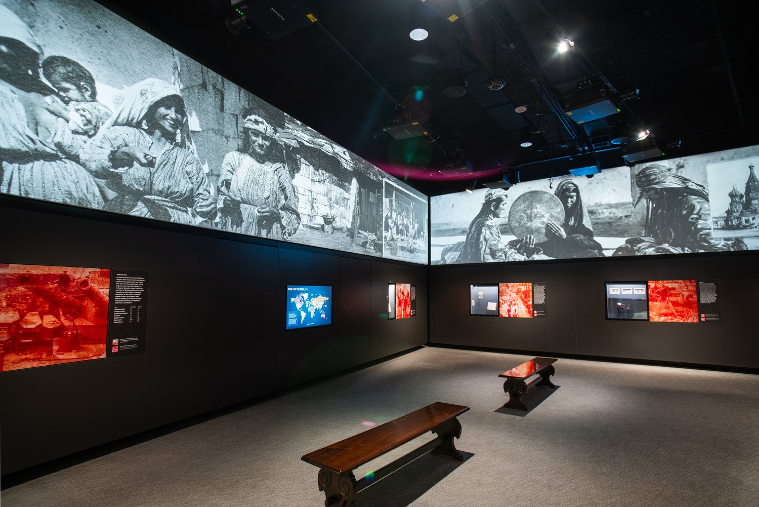 A square room with media displayed on top of the room with information spaced out.