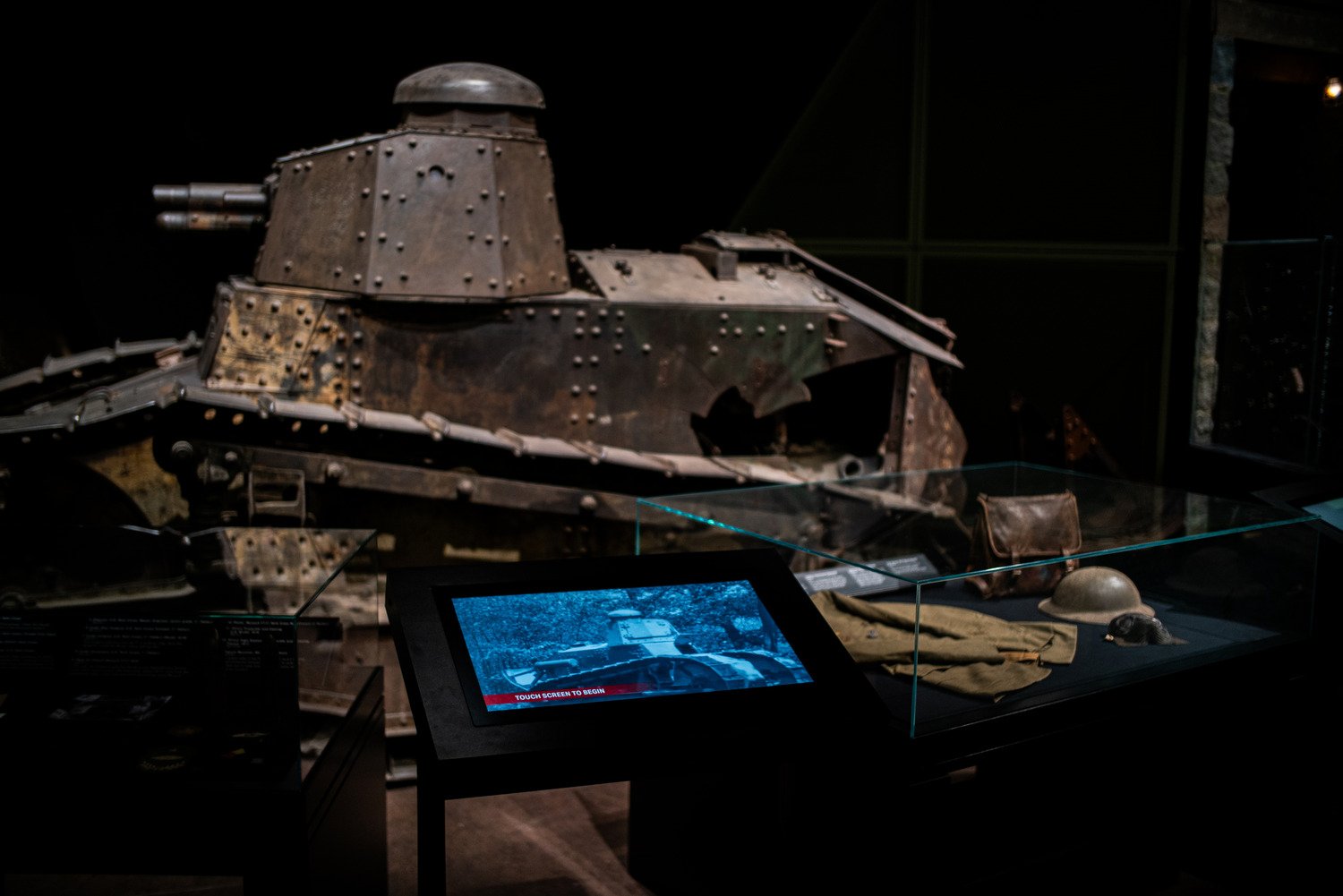 A tank with a screen in front of the display.
