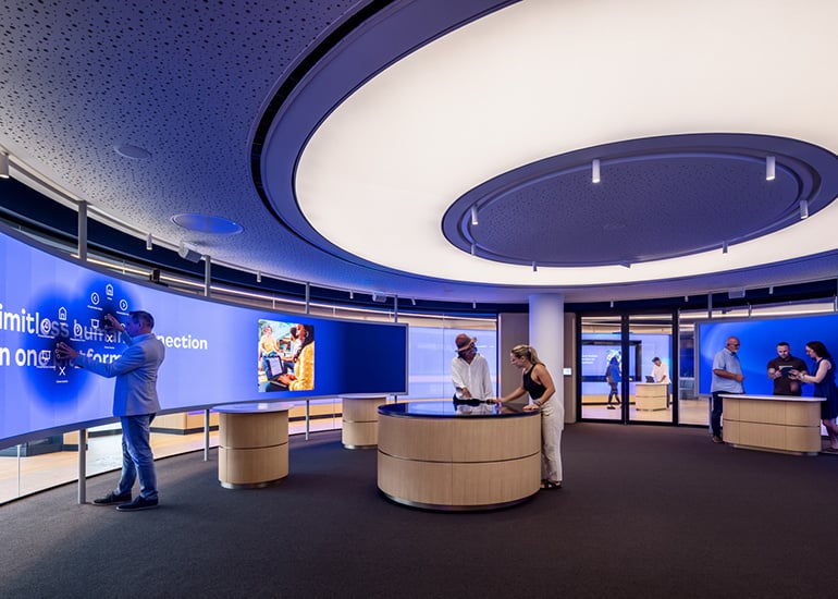 Zoom's London Experience Center, highlighting a sleek, modern space designed to showcase the future of seamless communication and collaboration technology.