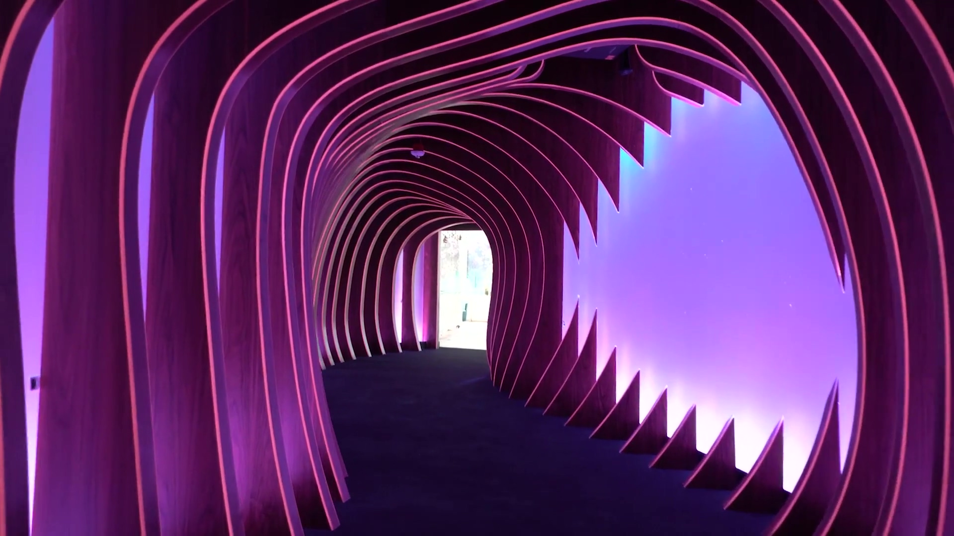 The projection mapped tunnel entrance to the Google Experience Center in Northern California.